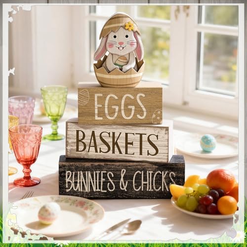 Lineshading 4 Pcs Wooden Farmhouse Tiered Tray Decor Rabbit Egg Signs