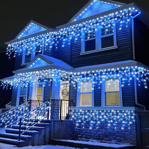 99ft Blue and White Christmas Lights, 1216 LED Icicle Lights for Outside House Clear Wire Twinkle Light with 8 Modes Timer Waterproof for Window Party Tree Holiday Patio Yard Home Decor