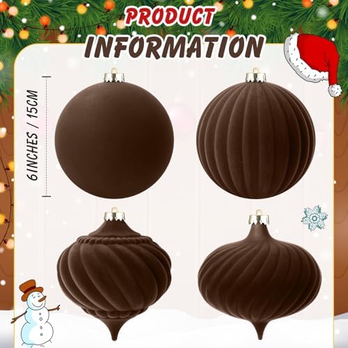 Civaner 4 Pcs Velvet Christmas Ball Ornaments,6 Inch,Brown