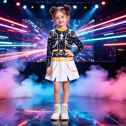 Pop Star Costume Kids Girls Golden Stage Outfit Halloween Costume Accessory
