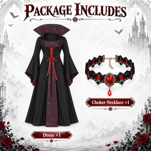 Vampire Costume Women Gothic Stand-Up Collar Vampiress Dress with Choker