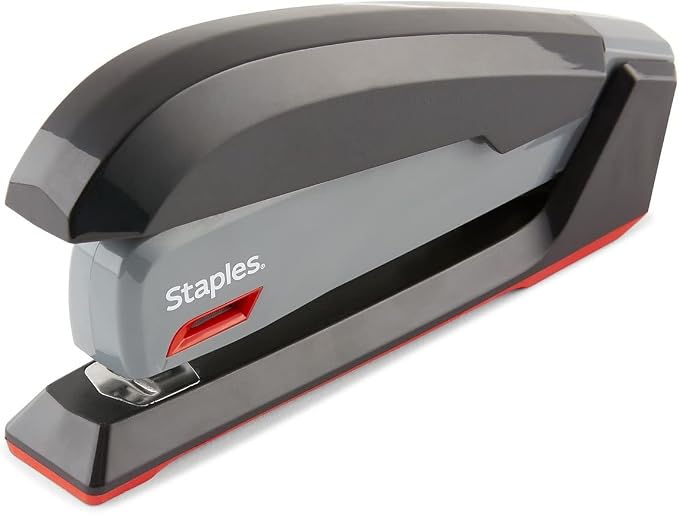 Staples One‑Touch Desktop Staplers, 20‑Sheet Capacity, Gray/Black/Red, 2‑Pack – Smooth‑Press Staplers