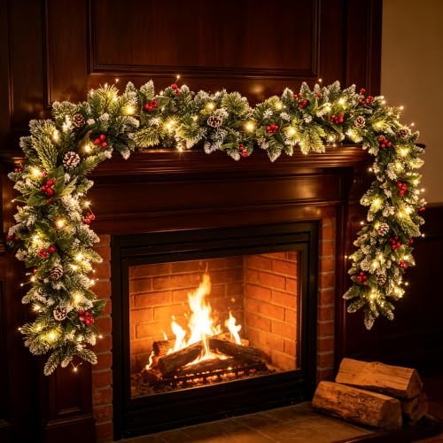 HipTree 9FT Christmas Garland with Lights for Mantel with Timer