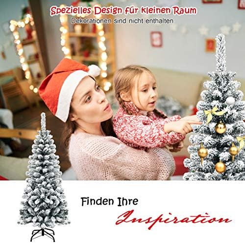 4.5FT Snow Flocked Pine Tree, Artificial Christmas Tree w/Sturdy Metal Stand & Quality PVC Needles, Pencil Xmas Tree for Indoor & Outdoor Holiday Decoration
