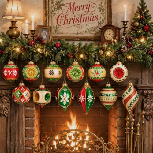 12 Pcs Vintage Glass Christmas Ornament Reflector Decor, Classic