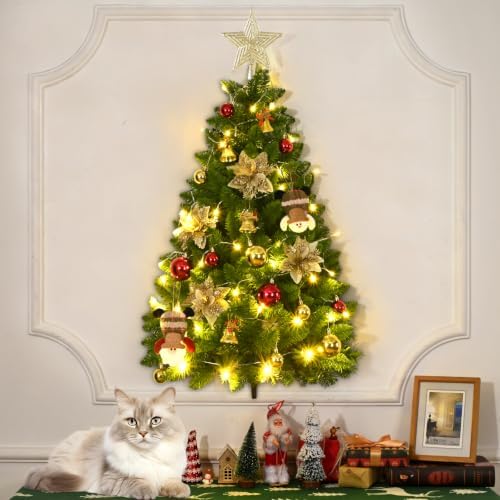 3 FT Wall Christmas Tree, Dark Green Half Christmas Tree Wall Hanging, DIY 1/2 Chrismas Tree for Window with Lights, Ornaments and Hooks, Hainging Xmas Tree for Door, Pet Owners Xmas Decor