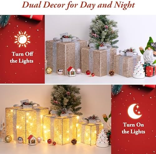 Brightever 12" 10" 8" Set of 3 Lighted Boxes - Larger Pre-lit Present Boxes with 70 LED Warm White String Lights and Bows, Foldable Christmas Ornaments for Indoor Outside Xmas Tree