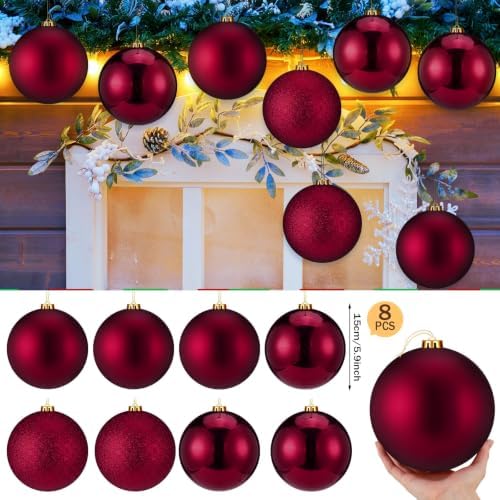 Wettarn 8 Pcs 6" Burgundy Christmas Tree Plastic Ball Ornaments