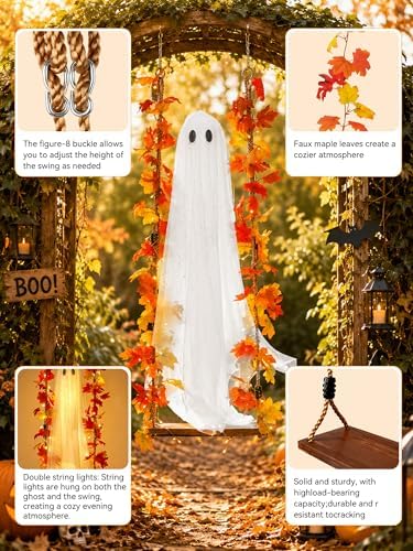 AYGXU Halloween Decorations Outdoor Indoor-5.3ft Hanging Ghost Decor with a Maple Leaf 6.6ft Swing,Ghost Light,Halloween Decor for Tree,Yard,Porch,Garden