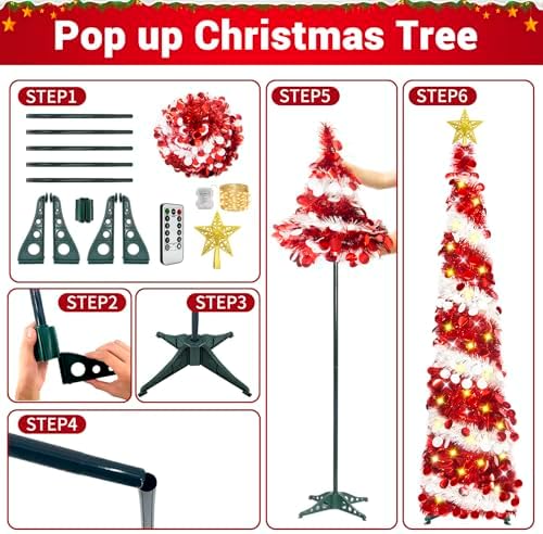 HISFFOG 5FT Pop Up Christmas Tree with 8 Rmote Lights Modes - Dual Color Sequin Tinsel Christmas Tree, Collapsible Artificial Pencil Christmas Trees Decorations for Home, Apartment, Office, Party
