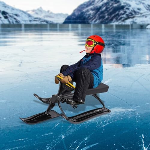 Snow Racer Sled, Ski Sled Slider Board with Steering Wheel and Twin Brakes, 220.5lb Load Capacity Durable Steel Frame Slider Downhill Steerable Sled for Kids Teenagers Adult