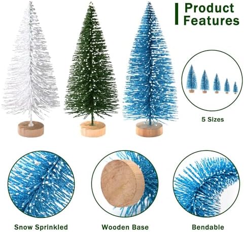 30Pcs Mini Christmas Trees Artificial Christmas Tree Bottle Brush Trees with Wooden Base for Christmas Decor Christmas Party Home Table Craft Decorations(Green+Blue+White)