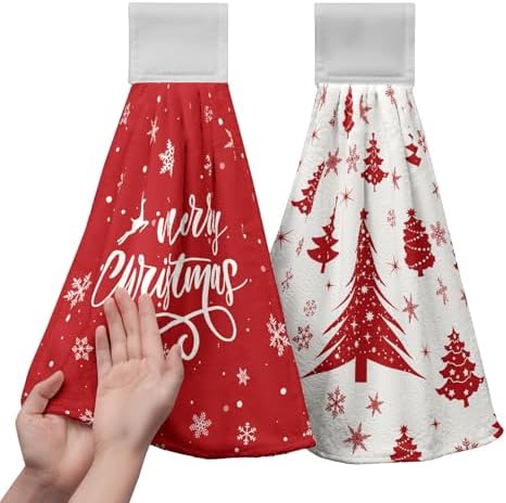 Merry Christmas Kitchen Hanging Towels Red Xmas Tree Hand Towels with Hanging Loop Fast Drying Hanging Towel Oven Stove Dish Washcloth Soft Absorbent Fingertip Bath Tie Towel Set of 2