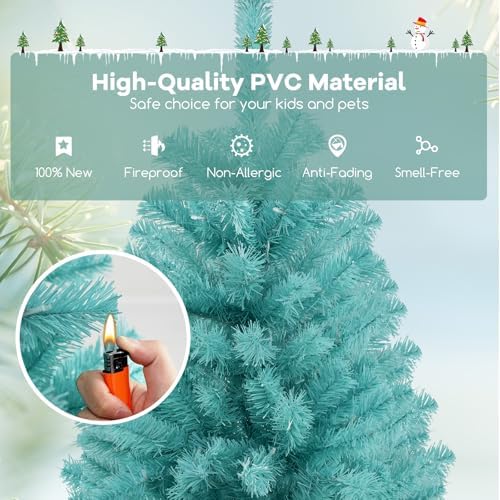 HAPPYGRILL 6 FT Pre-lit Artificial Christmas Tree Blue Hinged Xmas Tree with 758 Branch Tips, 280 Warm White LED Lights & Folding Metal Stand, Pre-Lit Holiday Decoration Tree for Home Office