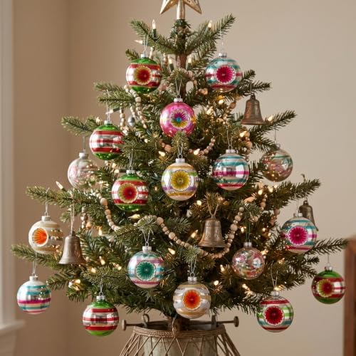 Junkin 12 Pcs Vintage Glass Christmas Ornaments,Hanging Decor, Stripes 1