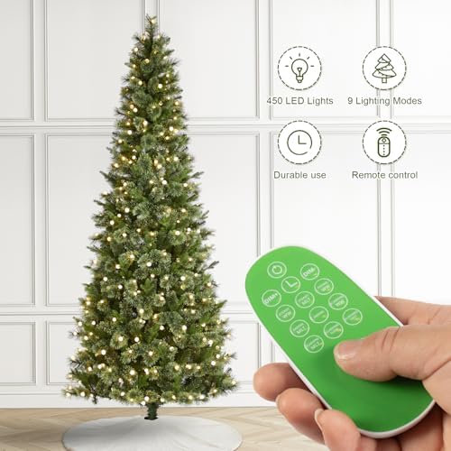 Glitzhome Prelit Christmas Tree, 9ft Artificial Christmas Tree Green Charming Cashmere Slim Pine with 450 Warm White and Multi-Color Globe LED Lights, 9 Function w/Foot Pedal and Remote Control