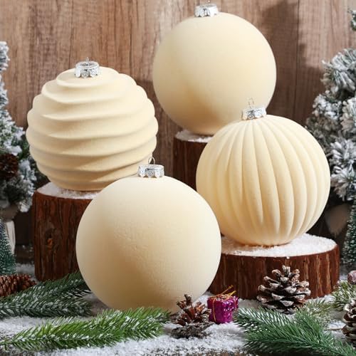 Syhood 4 Pcs 6 Inch Velvet Christmas Balls Large Ornaments, Cream