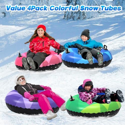 WOLKEK 3Pack Snow Tubes, Snow Sled for Kids and Adults, Cold-Resistant Inflatable Snow Tube, Thickened Heavy Duty Sleds for Winter with Handles, Snow Toys, Snow Sleds for Family Activities Outdoor Fun
