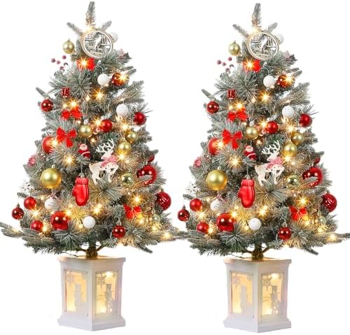 GarveeHome 3FT Prelit Christmas Tree with 78 Warm Lights & Red Berry, Artificial Xmas Trees with Snowman Light Box Base, for Home, Office, Fireside Christmas Decoration, Set of 2