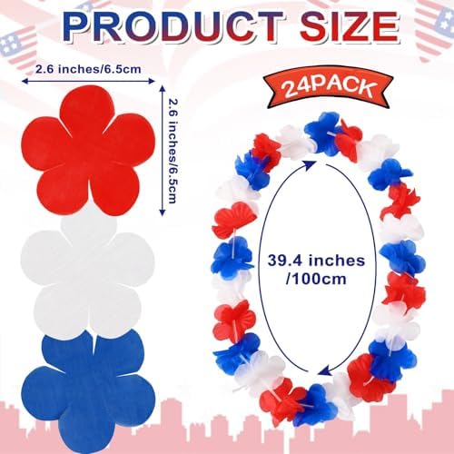 JUNEBRUSHS 24Pcs Patriotic Red White and Blue Leis 4th of July Accessories