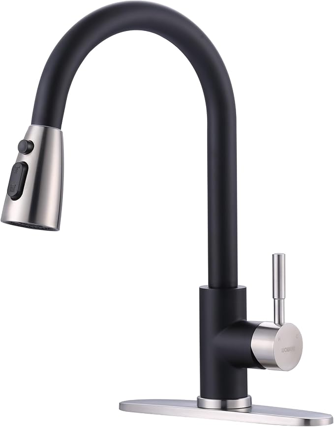 WOWOW Kitchen Faucets for Sink 1 or 3 Hole, High Arc Stainless Steel Kitchen Sink Faucet with Sprayer, Brushed Nickel and Black Faucet for Kitchen RV Laundry Sinks