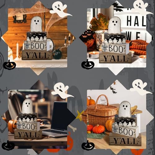 Lineshading 4 Pcs Halloween Table Decoration Wooden Ghost Tiered Tray Decor