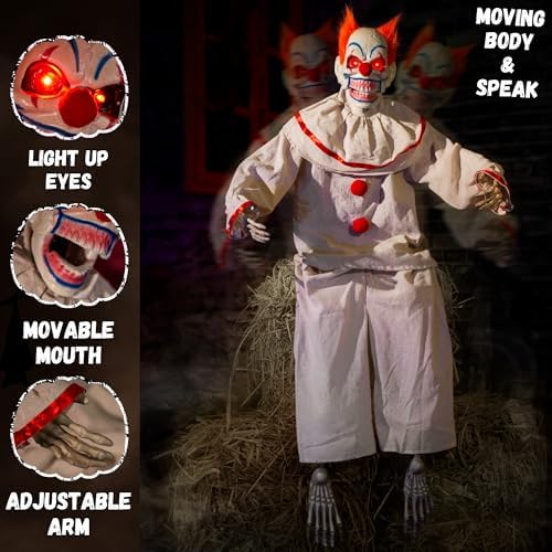 Halloween Animatronic Sitting Clown, Halloween Animated Decorations with Sound Activated, Creepy Sound, Light Up Eyes, Scary Move, Haunted House Holiday Spooky Decor Horror Prop, for Indoor Outdoor