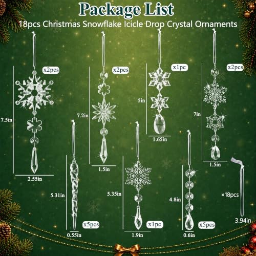 Crystal Christmas Tree Ornaments, Clear Acrylic Snowflake & Icicle, 18pcs
