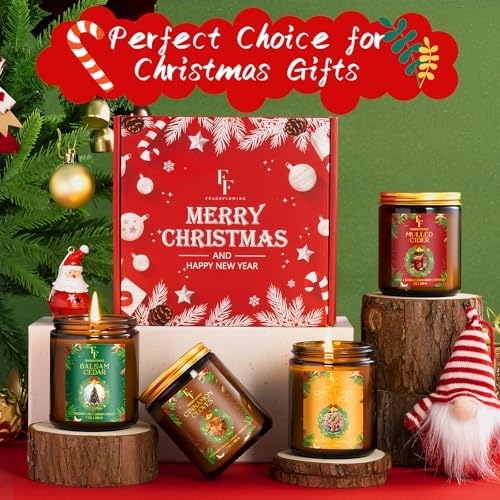 Christmas Candles Set, Scented Candles for Home, 4 Pack Holiday Natural Soy Candles, Christmas Gift for Women Men, Festival Fragrance of Balsam Cedar/Cookies/Mulled Cider/Cinnamon