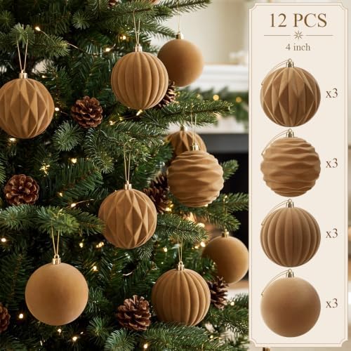 Liliful 4 Inch 12 Pcs Velvet Christmas Ornaments Balls, Light Brown