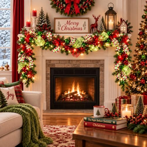 Riceshoot 6 ft Red Green Christmas Artificial Garland with LED Lights