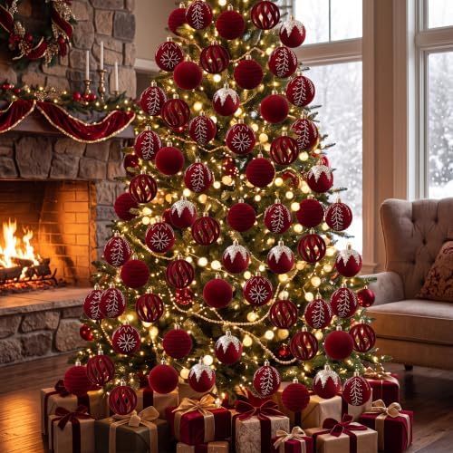 Duraaamo 30 Pcs Burgundy Red Velvet Christmas Ball Ornaments Set