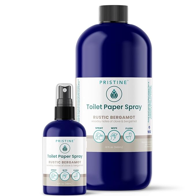 PRISTINE Toilet Paper Spray, As Seen on Shark Tank, Flushable Wipe Alternative, Personal Cleansing Bathroom Spray for Regular Toilet Tissue, Bidet Alternative, Made in USA, Rustic Bergamot, 1oz Travel