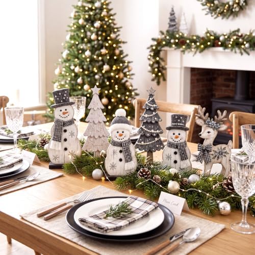 7 Pcs Christmas Table Decor Wooden Snowman Tree Deer Decor, Black,White