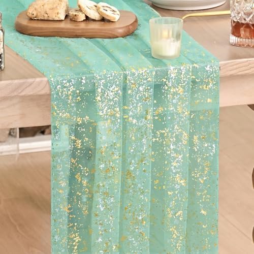 Artoid Mode 10Pcs Turquoise Gauze Gold Table Runner 10FT, Glitter Metallic Foil Sheer Dining Wedding Anniversary Holiday Table Decor for Home Party