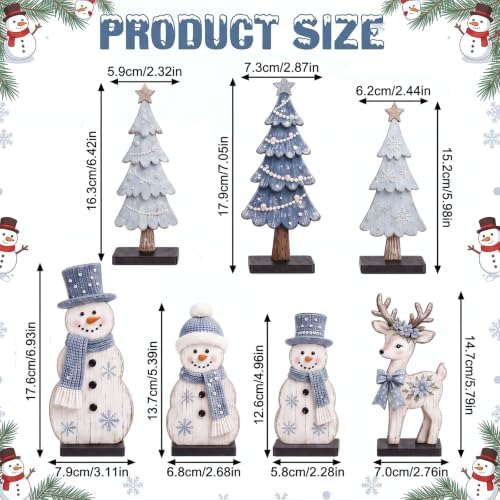 7 Pcs Christmas Table Decor Wooden Snowman Tree Deer Decor, Bule