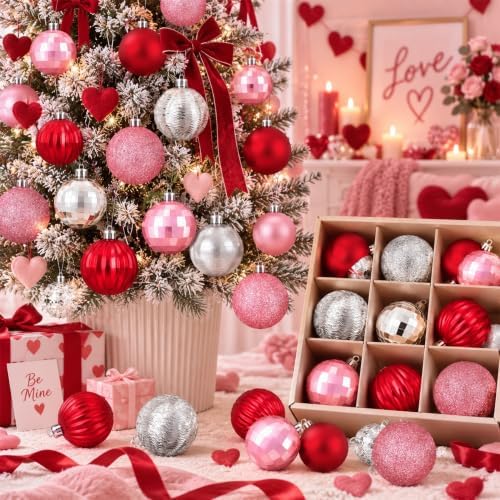 Lunmon 64 Pcs Pink and Red Silver Christmas Ornaments Glitter Xmas Bulbs