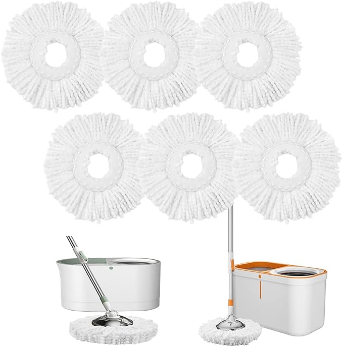 Standard Size 6-Pack Spin Mop Refills Replacement for 360° Spin Mop Systems | White Round Easy-Cleaning Spin Mop with Bucket Head – Reusable & Deep-Cleaning,High-Absorbency
