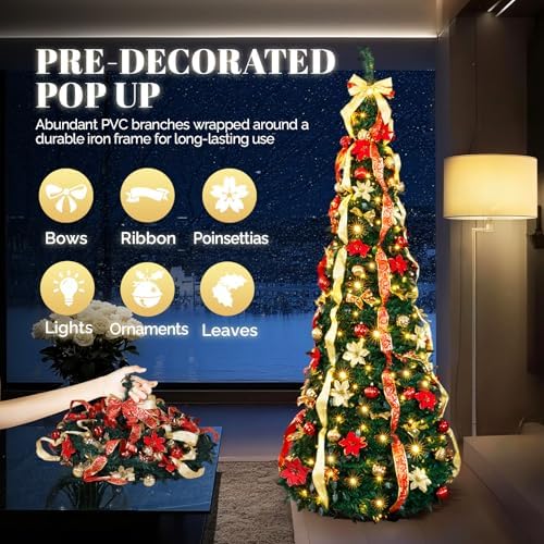 VINGLI 7ft Pre lit Pop Up Christmas Tree with Lights, Pre-Decorated Artificial Pencil Xmas Tree Collapsible Christmas Tree Holiday Party Decorations (Red&Gold)