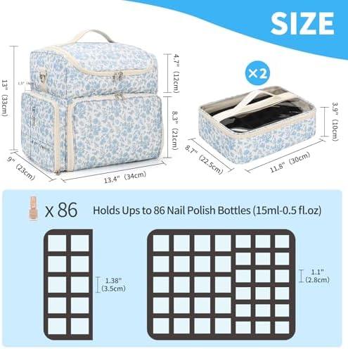 CUBETASTIC Extra Large Nail Polish Organizer Case Holds 86 to 100+ Bottles Nail Polish & Nail Lamp, Nail Supplies Storage Carrying Bag with 2 Removable Pouches (Blue Floral, 86 Slots)