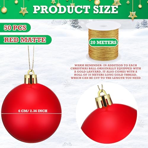 Wettarn 50 Pcs 2.36 Inch Christmas Ball Ornaments with Lid Rope, Red