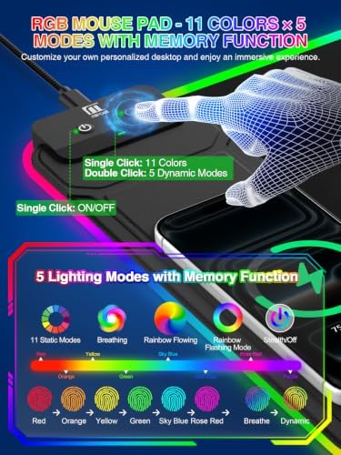 RGB Mouse Pad with Foldable Phone Stand & Wireless Charger, 31.5"x11.8" XL Gaming Mousepad Large Desk Mat, Desk Pad with Dual Charging for Phone & AirPods | 11 Colors & 5 Modes | Waterproof