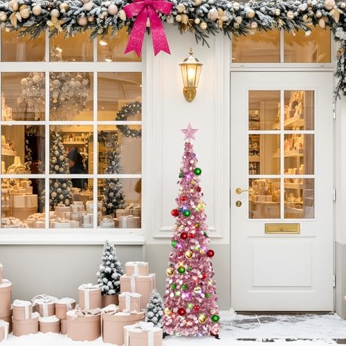 N&T NIETING Pop Up Christmas Tree with Lights & Ornaments, 5FT, Rose Gold