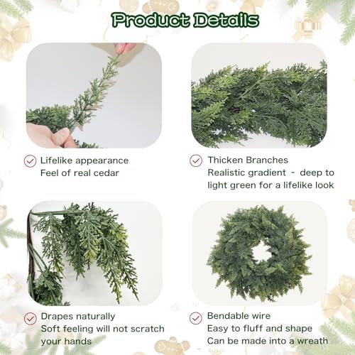 9FT Christmas Cedar Garland Real Touch Greenery for Mantle Decor