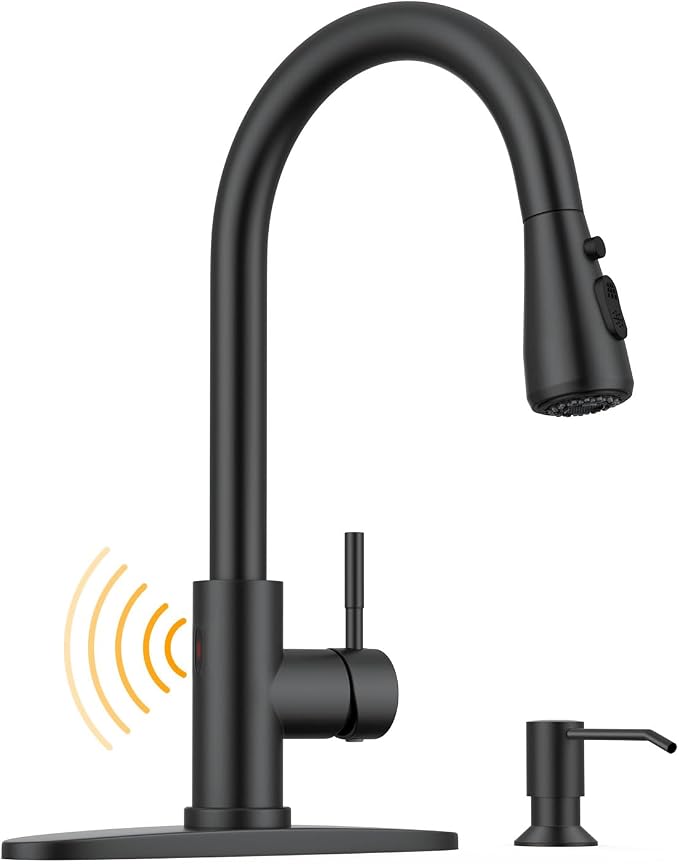 WEWE Touchless Kitchen Sink Faucet with Soap Dispenser, Single Handle Kitchen Faucets with Pull Down Sprayer Smart Motion Sensor Stainless Steel, Matte Black