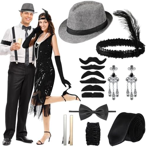1920s Couples Costume Set Flapper Dress Hat
