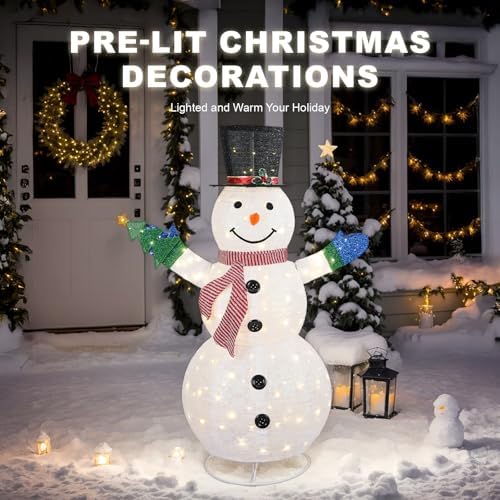 VINGLI 6FT Lighted Snowman Holding Small Tree Christmas Yard Decorations, Prelit Pull Up with 200 Warm White LED Lights, Outdoor Lighted Xmas Yard Decorations for Lawn Garden Porch Indoor Décor