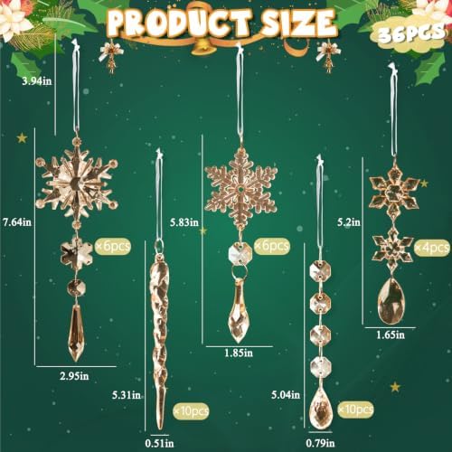GuassLee 36pcs Crystal Christmas Tree Ornaments - Champagne Color Acrylic Snowflake Icicle Drop Crystal Hanging Ornaments for Christmas Tree Wonderland Frozen Themed Birthday Party Decor
