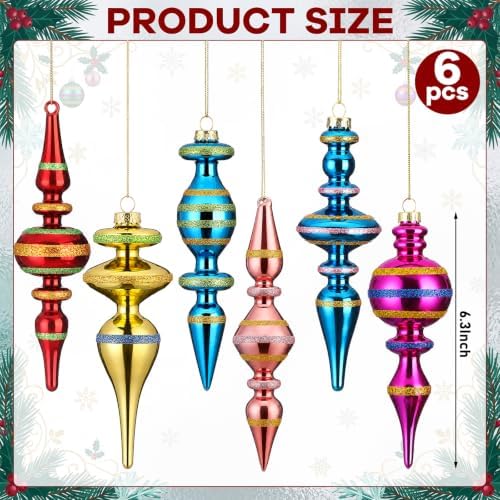 Soulchen 6 Pcs Vintage Glass Finial Christmas Ornaments Charming 6-6.8 Inch
