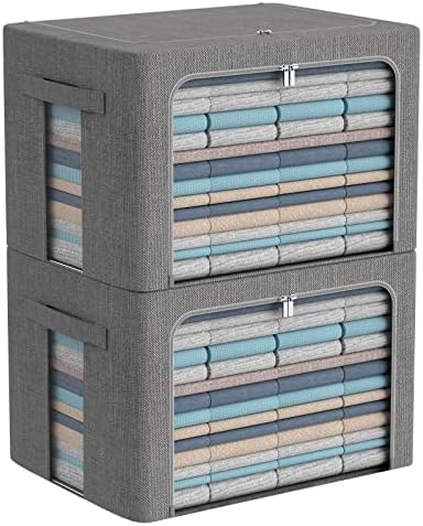 Clothes Storage Bins with Metal Frame, Clear Window, 66L, Dark Gray, 2-Pack